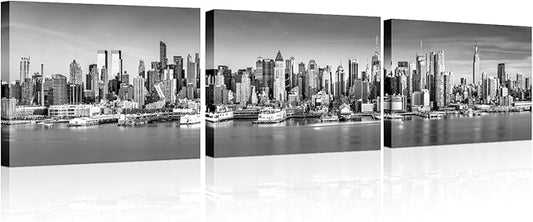 New York Wall Art Black and White City Panorama Cityscape Pictures Print On Canvas Urban Building Artwork Wall Art for Living Room Office Giclee Posters and Prints Framed Ready to Hang 12x48 Inch