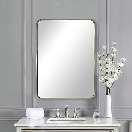 ANDY STAR 22x30'' Brushed Nickel Bathroom Mirror, Rounded Rectangle Brushed Silver Mirror for Bathroom Vanity SUS304 Metal Tube Framed(Rustproof) 1’’ Deep Wall Mounted Vertically/Horizontally