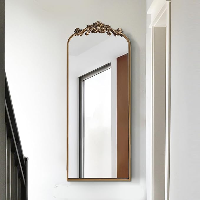 Large Gold Antique Mirror, Tall Arched Floor Mirror,Ornate Design Vintage Wall Mirror Decor for Entryway,Hallway,Living Room,Fireplace 18"X53"