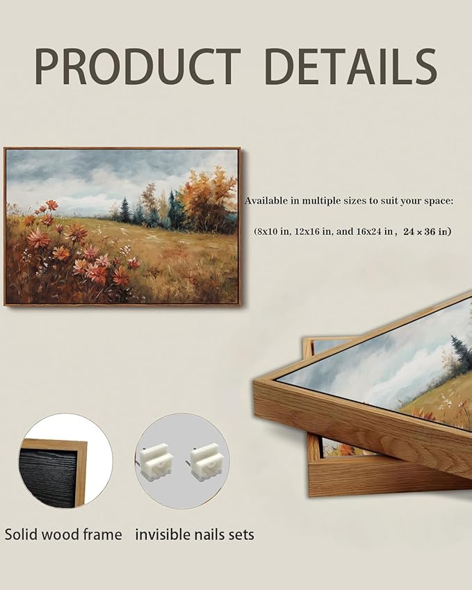 KISSFOX Vintage Fall Countryside Framed Wall Art Autumn Wildflower Forest Landscape Canvas Art Farmhouse Floral Golden Fields Paintings Artwork Rustic Serene Art Prints For Kitchen Living room Bedroom