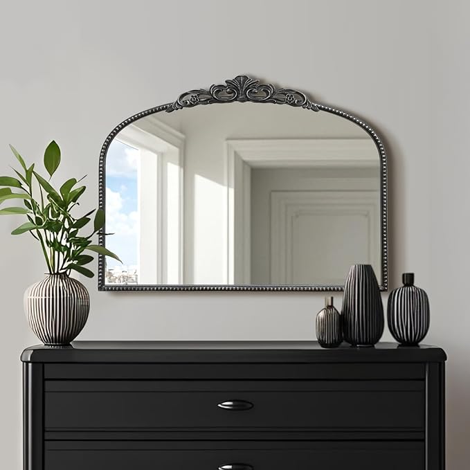 Micasso Vintage Wall Black Mirror: 24" x 32" French Baroque Antique Mirror - Traditional Ornate Decorative Arched Mirrors for Wall/Bathroom/Entryway/Fireplace/Hallway - Home Decor for Living Room