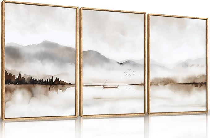 Neutral Abstract Mountain Framed Canvas Print Wall Art Set,Watercolor Beige and Gray Calming Landscape Wall Decor,Modern Minimalist Nature Artwork for Living Room,Bedroom-24 x36 x3