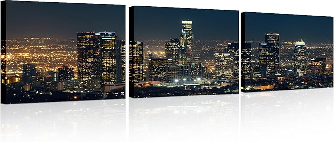 City Skyline Wall Art Cityscape Paintings Modern Decor Los Skyscrapers Night Scene Picture on Canvas for Home Decor Skyline at Dusk Landscape of City Night View Artwork for Living Room 12x48 Inch