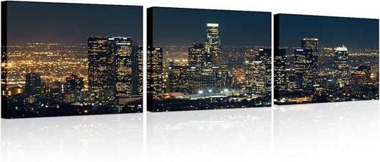 City Skyline Wall Art Cityscape Paintings Modern Decor Los Skyscrapers Night Scene Picture on Canvas for Home Decor Skyline at Dusk Landscape of City Night View Artwork for Living Room 12x48 Inch