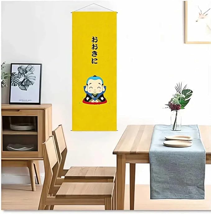 Japanese Tapestry Wall Art - Good Fortune Feng Shui & Lucky Symbols | W15.7xH47.2", Long Vertical Hanging Decor for Bedroom, Living Room, Office | Washable Fabric with Calming Zen Design (Little Monk)CTT-133