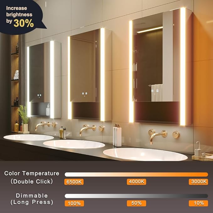 KWW LED Lighted Bathroom Medicine Cabinet with Sockets & USBs, Defogger, Dimmable, 3 Color Light Makeup Mirror, Easy to Install, Wall Mounted Cabinet (Left Hinge, 21 * 34)