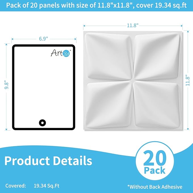 Art3d 20 Pack Decorative 3D Wall Panels, 19 Sq.Feet PVC Interior Wall Décor, 11.8"x11.8", White