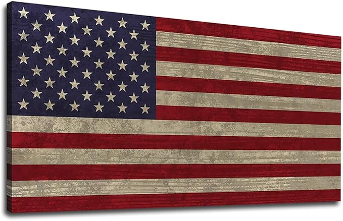 Canvas Wall Art Vintage Flag The Stars and The Stripes Contemporary Artwork Retro Rustic American National Flag Picture for Living Room Bedroom Office Wall Decor Large Canvas Painting Prints 24" x 48"