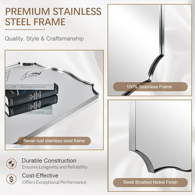 ANDY STAR 30x48 Inch Large Bathroom Mirror, Brushed Nickel Asymmetrical Mirror, Modern Rectangle Mirror with Unique Wavy Design, Premium Stainless Steel Metal, Wall-Mounted Vertically/Horizontally