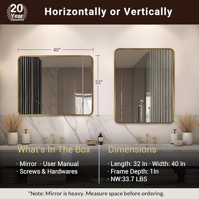 ANDY STAR 40x32 Inch Gold Bathroom Mirror, Brushed Gold Mirrors for Wall in Anti-Rust SUS304 Tube Metal Frame, Rounded Rectangle Mirrors 1’’ Deep Wall Mounted Vertically/Horizontal for Bathroom