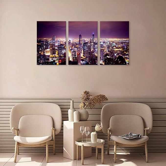 NAN Wind Large Modern City Chicago Skyline Pictures Cityscape Canvas Wall Art for Bedroom Downtown Poster Office Dining Room Wall Decor Wood Framed Night Scene Prints Paintings for Home Decorations