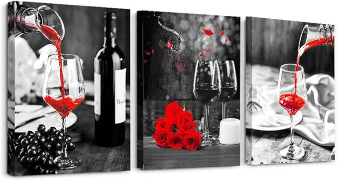 Kitchen Wall Art for dining room Wall Decor Still life Black and white Canvas art Prints Wine barrel bar Red rose painting modern family wall decorations restaurant bedroom Decor Artwork 3 piece set