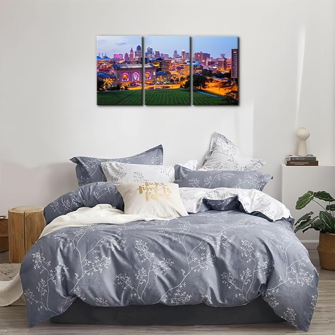 Pacimo Canvas Wall Art Union Station City Landscape Pictures Paintings Kansas Cityscape Modern Artwork Prints on Canvas Wall Decor for Living Room Bedroom Framed Ready to Hang - 16"x24"x3 Panels