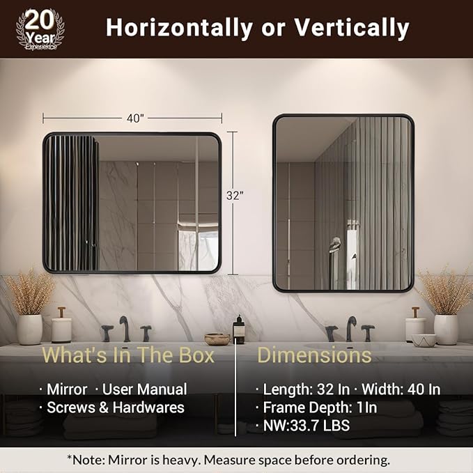 ANDY STAR 40X32 Inch Black Bathroom Mirror, Black Bathroom Vanity Mirrors for Wall, Rounded Rectangle Mirror for Bathroom, Seamless Tube Metal Frame, 1’’ Deep Wall Mounted Vertical/Horizontal