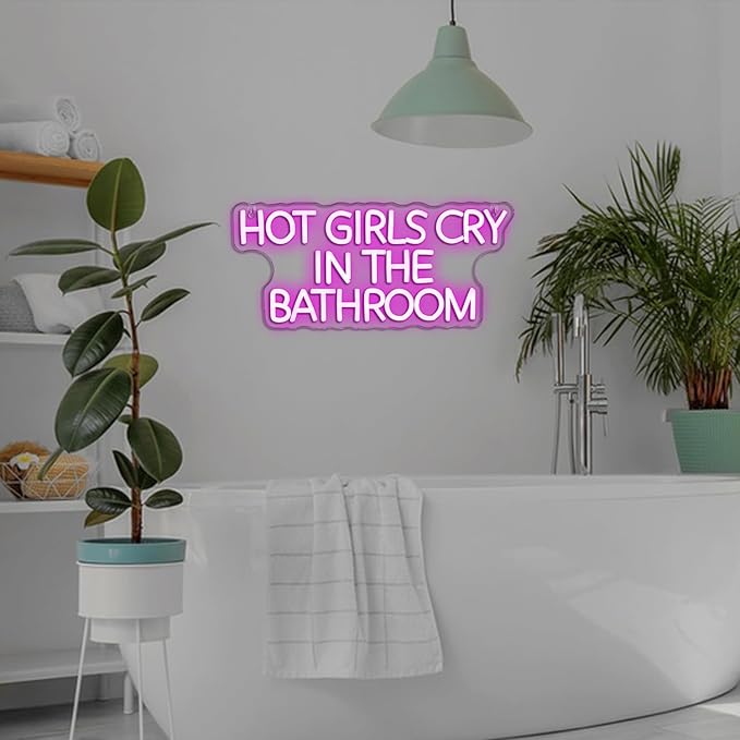 Looklight Hot Girl Cry in The Bathroom Neon Sign,Words Neon Light,Pink Letter Led High Visibility Advertisement Board USB Wall Decor for Bar Girls Room Bathroom Pub