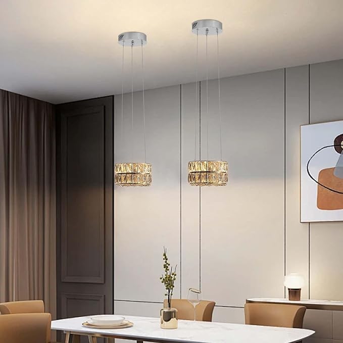 Led Ring Crystal Chandelier, Modern Dimmable Chandeliers Lighting and Hanging Adjustable, LED Round Ceiling Light Fixtures for Dining Room Living Room 7.8'' Silver