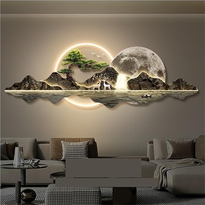LED 3D Wall Art Decor, Landscape Wall Mural with Welcoming Pine Tree, Traditional Oriental Wall Sculpture with Light, Decorative Wall Art for Living Room(Brown,31.4in)