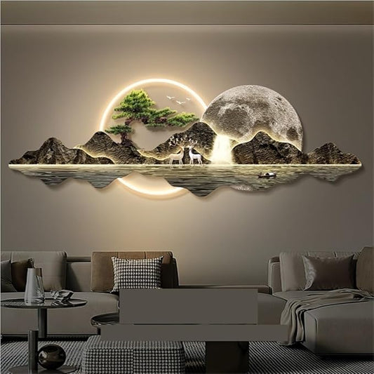 LED 3D Wall Art Decor, Landscape Wall Mural with Welcoming Pine Tree, Traditional Oriental Wall Sculpture with Light, Decorative Wall Art for Living Room(Brown,31.4in)