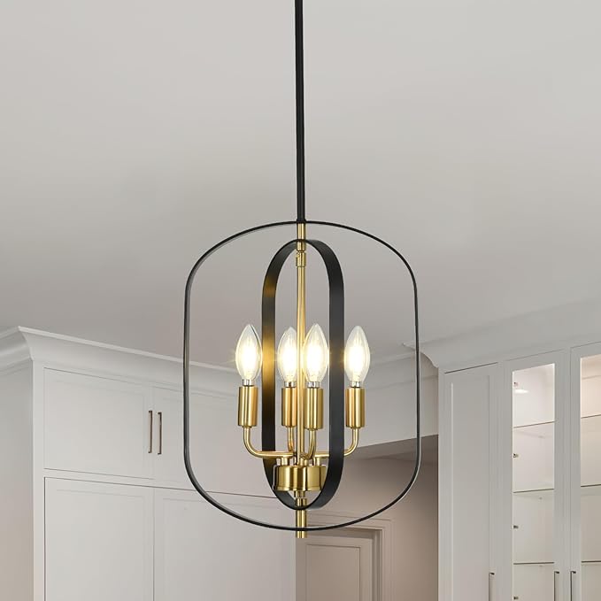 4-Light Black and Gold Chandeliers Modern Farmhouse Pendant Lights Kitchen Island Adjustable Height Small Entryway Chandelier for Dining Room Living Room Bedroom Foyer E12 Base