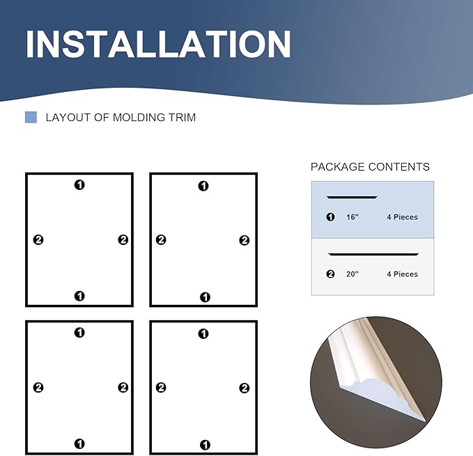 NeatiEase 4 Set Peel and Stick Wall Molding Trim Kit, 16" x20" Premade Wainscoting Panels, Self Adhesive Moulding Panel for Interior Walls Picture Frame