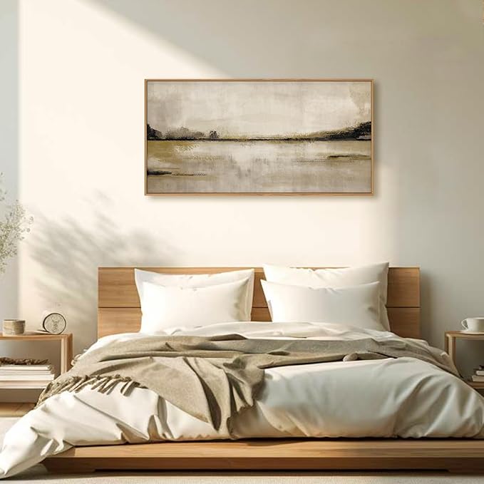 KAIRNE Large Abstract Mountain Lake Wall Art Set, Neutral Textured Canvas Wall Decor, Framed Nordic Tan Wall Painting, Nature Landscape Art Print for Bedroom, Living Room, Office - 20"x40"