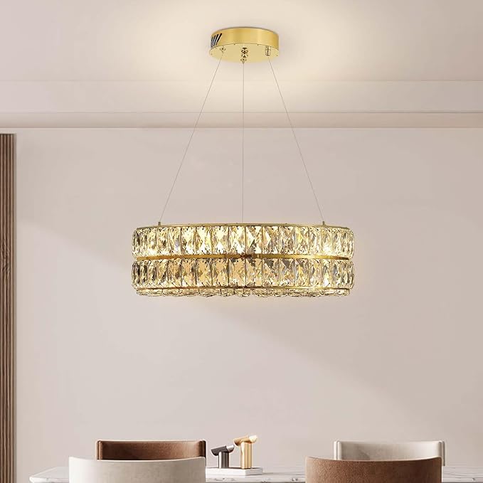 Led 15.7" Gold Ring Crystal Chandelier, Modern Dimmable Chandeliers Lighting and Hanging Adjustable, LED Round Ceiling Light Fixtures for Dining Room Living Room