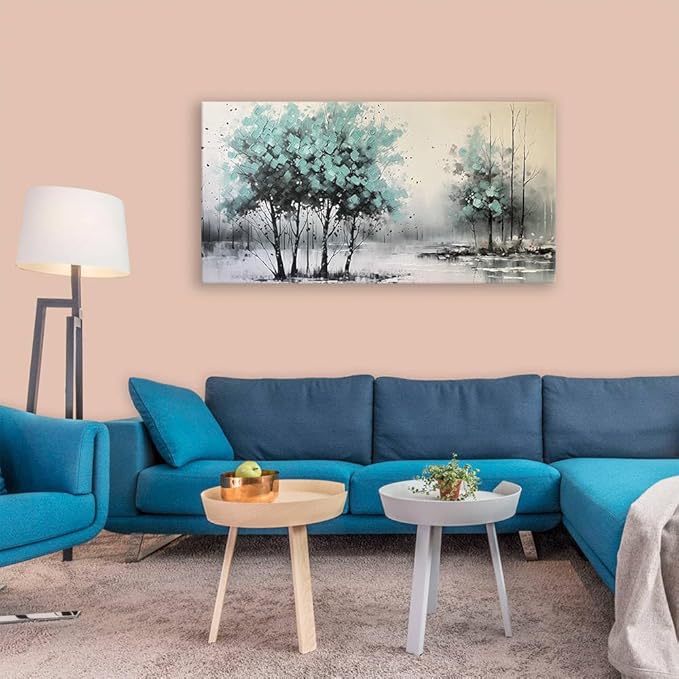 BYXART Abstract Blue Tree Wall Art Indigo Picture Forest Canvas Nature Painting for Home Decor Landscape Print Artwork Modern Textured Wrapped Artwork for Bathroom Living Room Bedroom Office 40L x20W