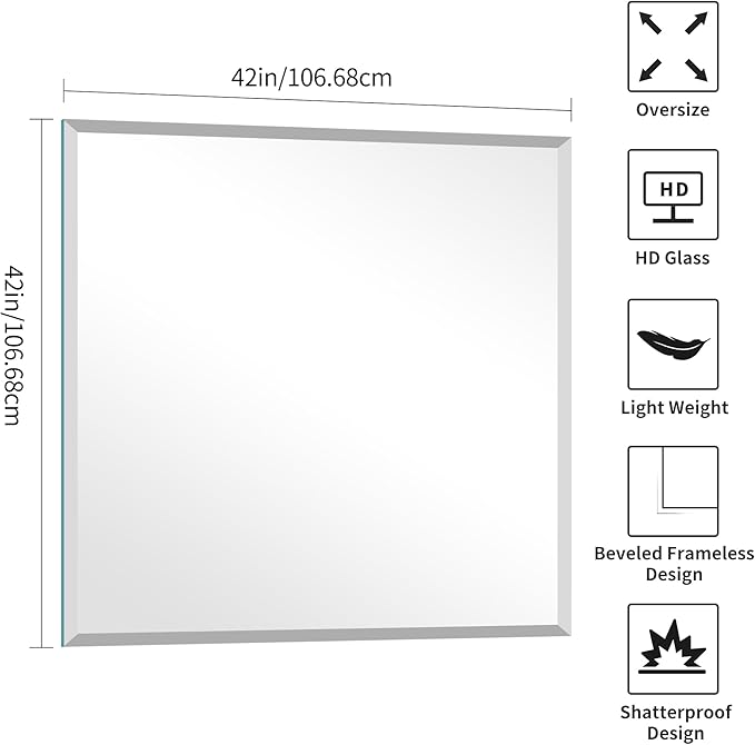 KOCUUY Beveled Mirror, 42x42 Inch Large Frameless Square Bathroom Mirror for Over Sink, Upgraded Shatterproof Beveled Unframed Design Mirror for Bathroom, Bedroom, Hang Horizontal/Vertical