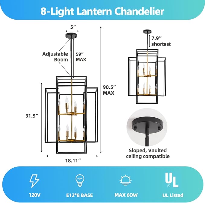 8-Light Black and Gold Chandeliers for Entryway, 31.5" Rectangular Farmhouse Foyer Lighting Fixtures for High Ceilings, Large Pendant Light for Staircase Entry Dinning Room Kitchen Island