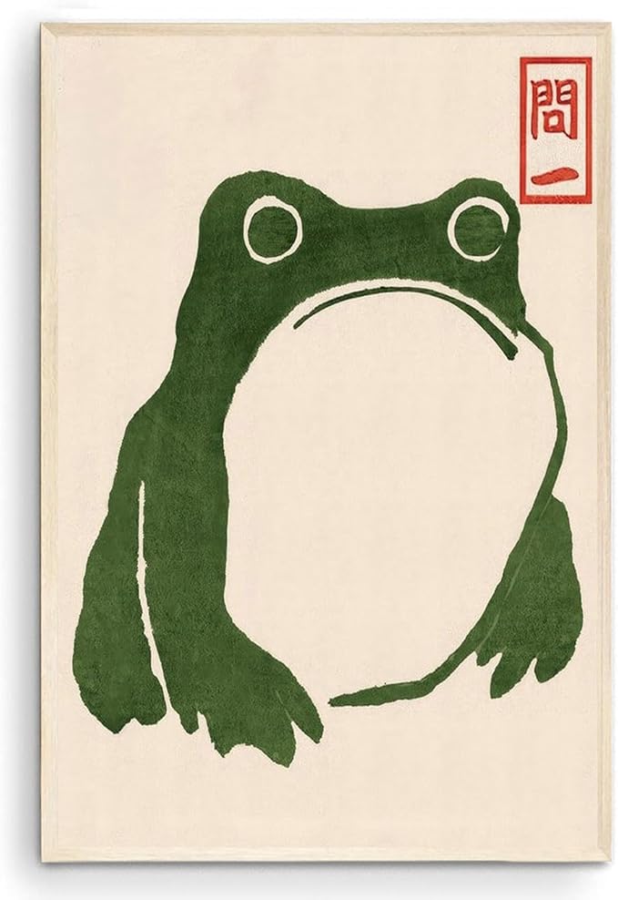 OZCONO Japanese Frog Wall Art Print, Green Toad Woodblock Style, Unframed Gallery Quality Giclée (36L x 24W)