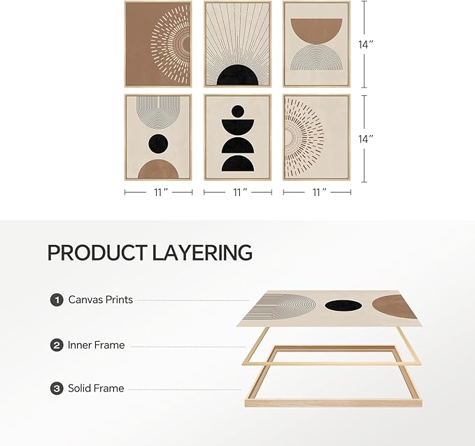 6 Piece Framed Boho Neutral Wall Art Set, Modern Abstract Geometric Canvas Painting Prints, Brown Black and Beige Minimalist Picture Artworks for Living Room Dining Room Bedroom 11x14 Inch