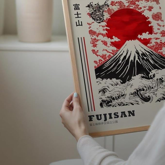 Mount Fuji Poster, Traditional Japanese Wall Art Print with Red Sun and Wave Landscape, Japandi Style Asian Home Decor for Bedroom, Living Room or Gallery Wall (Unframed) (27x40)