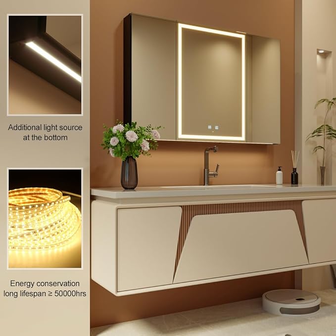 KWW LED Lighted Bathroom Medicine Cabinet with Sockets & USBs, Defogger, Dimmable, 3 Color Light Makeup Mirror, Easy to Install, Wall Mounted Cabinet (Three-Door, 40 * 28)