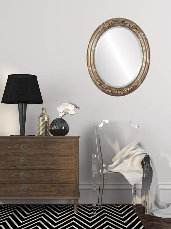 OVALCREST Oval Beveled Wall Mirror for Home Decor - Florence Style - Champagne Silver - 40" x 28"