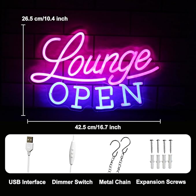 Lounge Open Neon Sign VIP Lounge Neon Light Pink Blue Letter LED Sign Dimmable Business Signs Light Up Signs for Bar Night Club Hotel Beauty Salon Decor