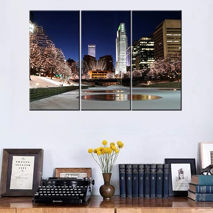 Native American Wall Art Painting - Downtown Omaha Shines With Holiday Lights on Canvas - Nebraska Cityscape Picture Print for Home Decor - 24'' x 12'' x 3 Panels/Set
