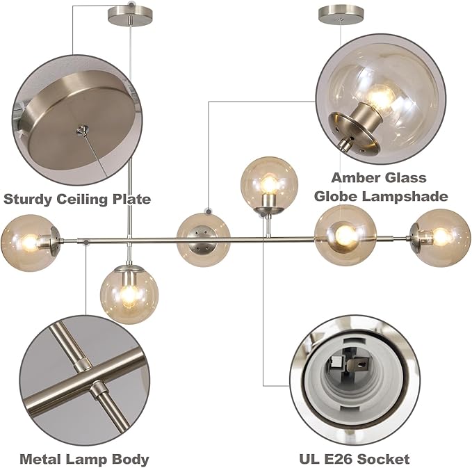 KCO Lighting Mid Century Modern Rectangle Light Fixture 6-Light Glass Globe Linear Chandelier Brushed Nickel Pendant Light Fixture Adjustable Kitchen Island Lighting (Silver+Amber)