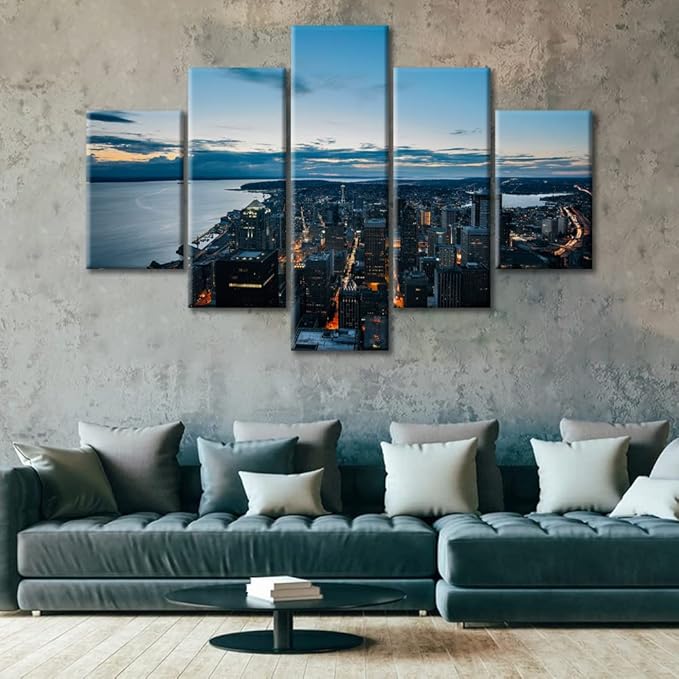 5 Panel Washington America Skyline Home Decor Posters and Prints Seattle Skyscraper Cityscape Canvas Wall Art for Living Room Wall Decor Giclee Wooden Framed Gallery-Wrapped Ready to Hang (60"Wx40"H)