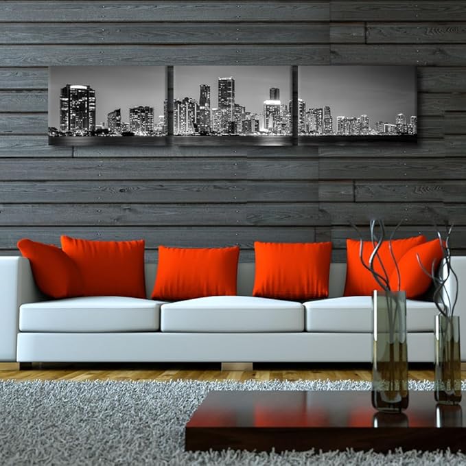 Miami Skyline Wall Art for Living Room Downtown Miami Black and White Wall Art Canvas Print Modern Home Decor Pictures Skyscraper Artwork House Decor Posters Prints Ready to Hang 16x72 Inch