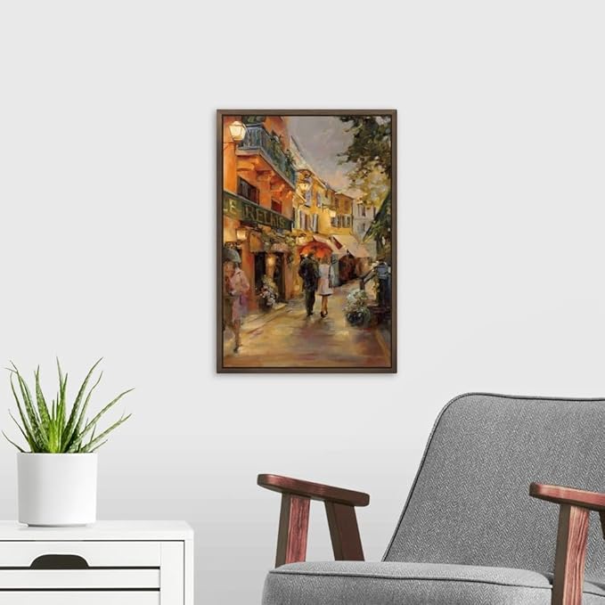 CANVAS ON DEMAND Evening in Paris Walnut Float Framed Canvas Wall Art Print by Marilyn Hageman, Traditional, Home Decor, Street Scene Artwork, Nature Artwork, 12" x18in