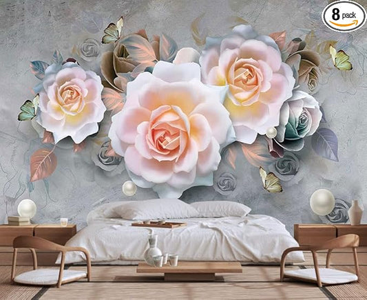 Modern Minimalist Fashion Wallpaper Flowers and Pearls Mural for Bedroom and Living Room Background Wall(Non-self-Adhesive)