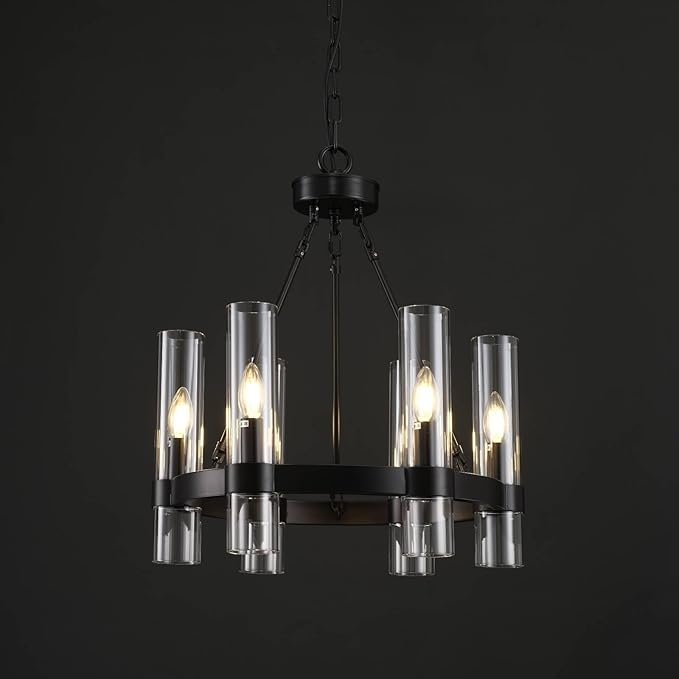 20 Inch Black Wagon Wheel Chandelier, Industrial Chandeliers with Glass Shade, 6-Light Large Round Chandelier, Farmhouse Chandeliers for Dining Room, Living Room, Bedroom and Entryway