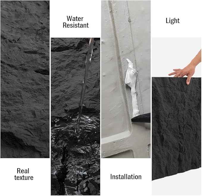 4-Pack 3D PU Stone Wall Panels for Interior Decor - Graphite Black, 43.30"x23.62"x1.18" | Faux Stone Accent Wall Tiles, Lightweight & Waterproof