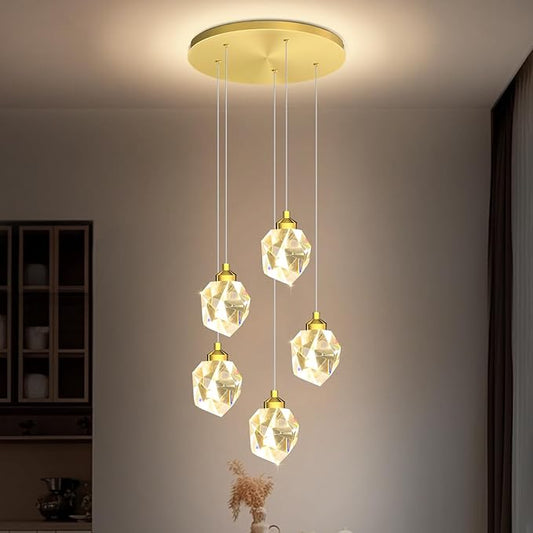 5-Light Raindrop Pendant Light, Gold Kitchen Island Hanging Light Fixtures, Modern Art Raindrop Clear Solid Crystal Chandelier for Dining Room Living Room Foyer