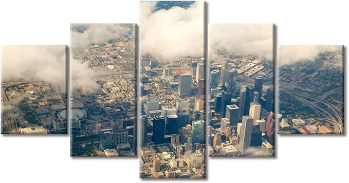 5 Pieces City Skyline Pictures Canvas Wall Art Houston Texas Cityscape Wall Decor for Living Room Aerial View of Houston Texas City Scene Modern Artwork Print on Canvas Ready to Hang (60"Wx32"H)