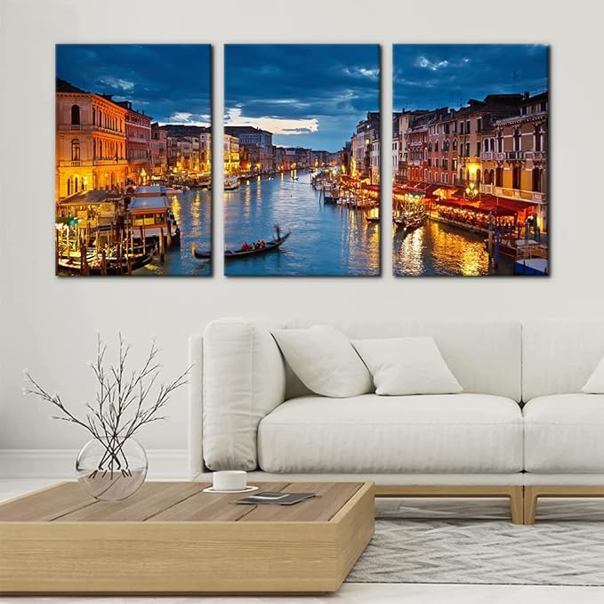 Pacimo 3 Piece Venice Night View Giclee Canvas Prints Wall Art Italy Venice Grand Canal at Night Picture Painting Print on Canvas Poster Modern Artwork Stretch and Framed Ready to Hang -16" x 24" x 3…