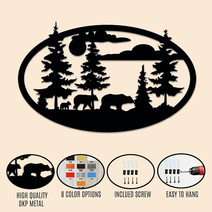 Bear Metal Wall Art, Forest Decor, Round Bear Family Wall Hanging, Wildlife Nature Wall Art Decor, Cabin Lodge Decoration, Hunting Decoration, Rustic Animal Sign, Large Outdoor Decor, Nature Lover Gifts