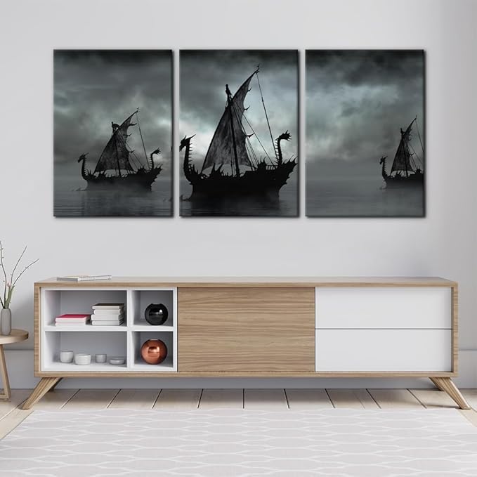 Pacimo Black and White Painting Wall Decor Vikings Ship Artwork Fantasy Sailing Boat Pictures for Living Room 3 Panel Dragon Modern Canvas Wall Art Framed Posters Prints Ready to Hang - 20"x28"x3