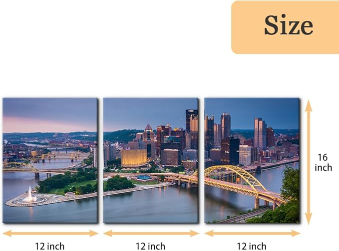 Pacimo Canvas Wall Decor for Living Room Bedroom Office Pittsburgh Cityscape Wall Art for Decorations Mount Washington Canvas Wall Prints City Skyline Picture for Home Decor Framed - 12"x16"x3 Panels