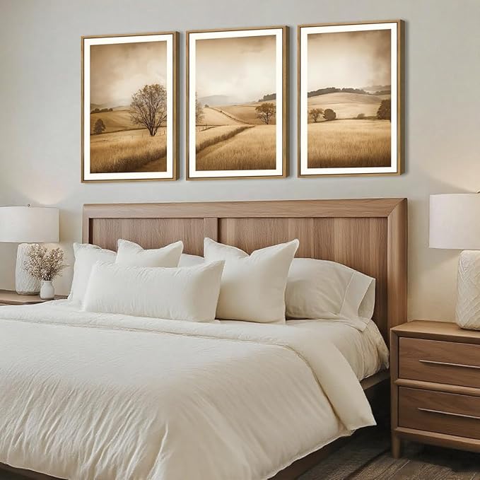 BINCUE Framed Countryside Wall Art Rustic Village Wall Decor Farmhouse Landscape Art Print for Living Room Bedroom Office 16x24 Inches Set of 3